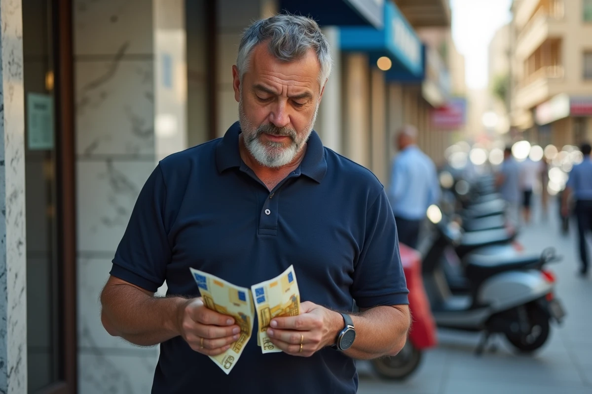 Homme tenant des billets et pièces en euros retirés à un distributeur devant une banque grecque à Athènes