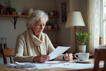 Femme retrait&eacute;e examine des papiers dans sa cuisine belge