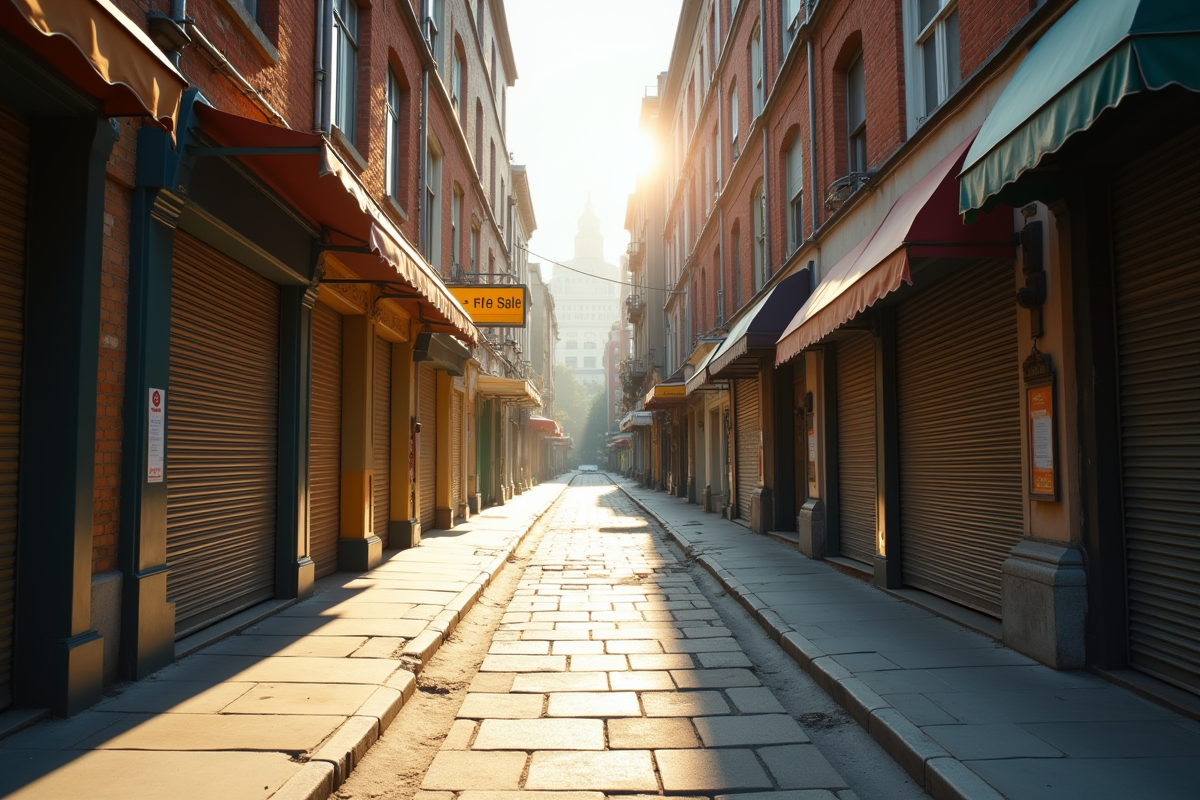 Rue commerciale déserte avec magasins fermés et panneau en vente
