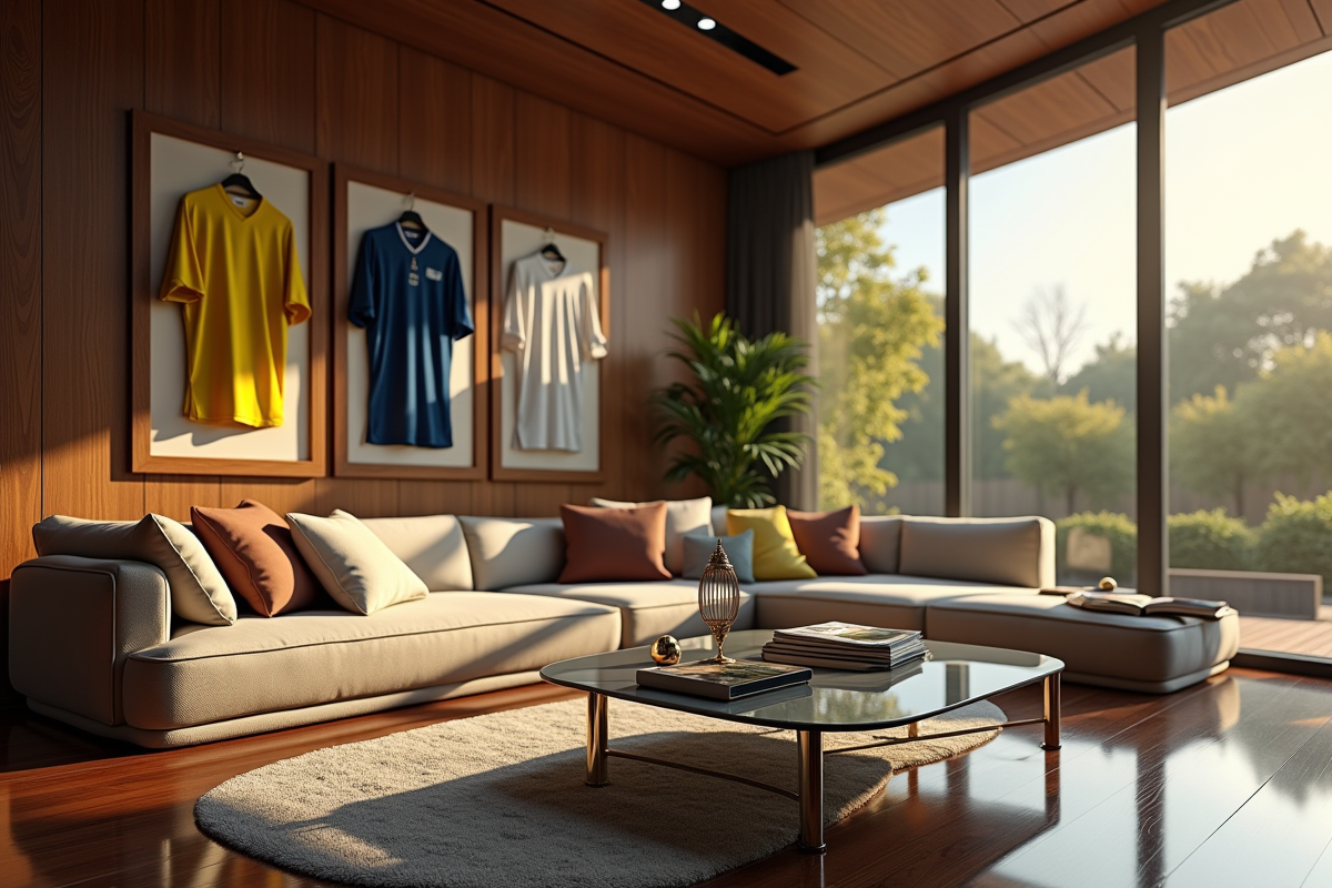 Salon luxueux avec trophées et souvenirs de tennis