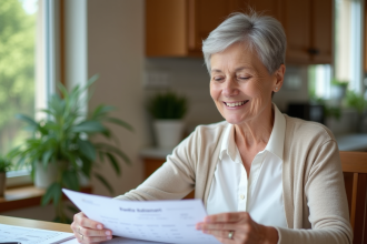 Femme senior souriante examine ses documents de retraite