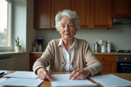 Femme senior examine des documents de pension à la maison