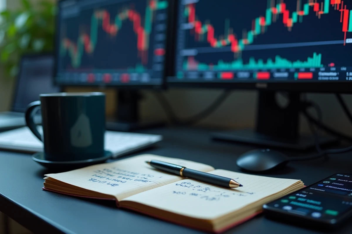 Station de trading avec cotation en temps réel d'ArcelorMittal, plan de trading manuscrit et outils d'analyse boursière