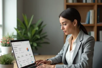 Femme consultant son suivi de compte CMB sur un ordinateur portable dans un bureau à domicile moderne
