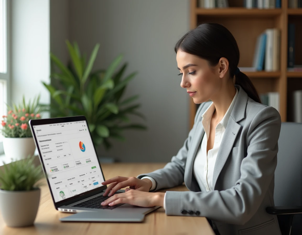 Femme consultant son suivi de compte CMB sur un ordinateur portable dans un bureau à domicile moderne