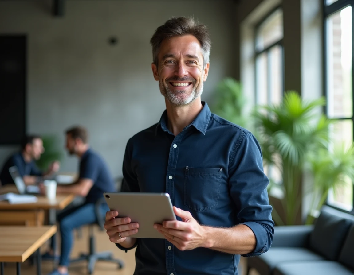 Homme utilisant une application de suivi de compte bancaire CMB sur tablette dans un espace de coworking