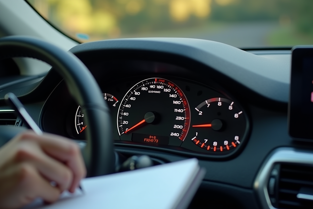 Tableau de bord de voiture avec compteur kilométrique et stylo