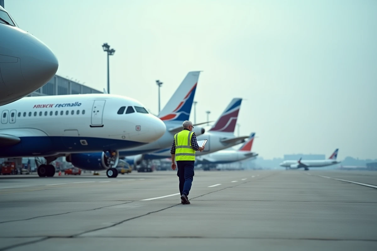 Technicien de maintenance inspectant une flotte d'avions Airbus sur un tarmac de base d'entretien aéroportuaire