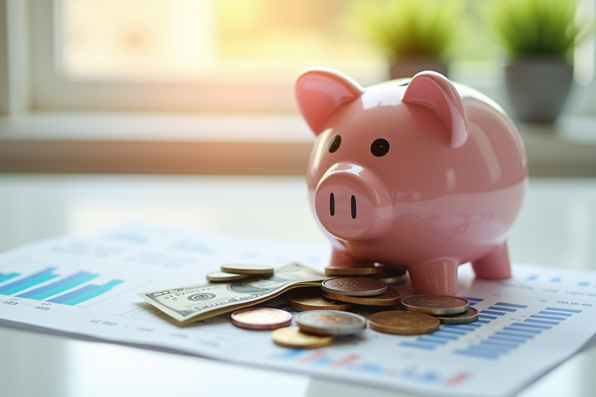 Tirelire renversée avec pièces et billets sur une surface blanche