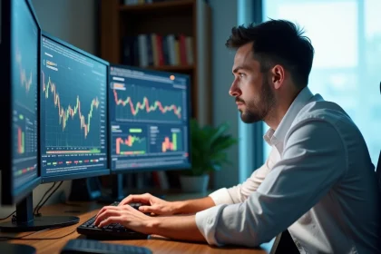 Trader masculin analysant la cotation ArcelorMittal en temps réel sur plusieurs écrans dans un bureau de trading moderne