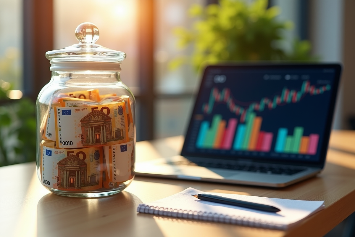 Verre rempli de billets de 100 euros avec graphique financier sur tablette