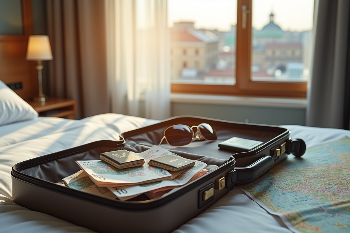 Valise ouverte avec billets et accessoires de voyage