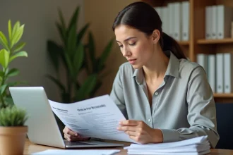 Femme vérifiant l'authenticité d'une adresse postale d'assureur sur un document officiel et un ordinateur portable