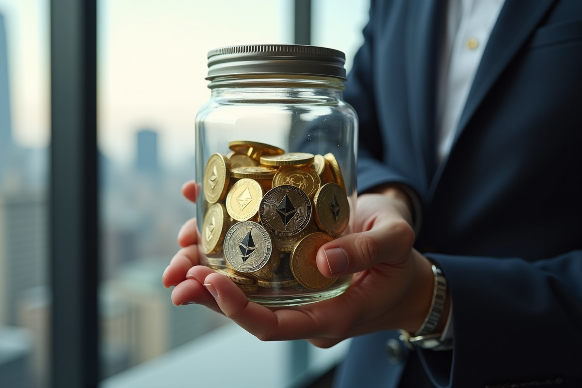 Personne tenant un verre rempli de pièces Ethereum en or et argent